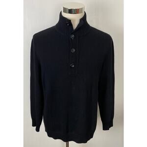 Men Carbon2Cobalt 1/4 button cotton knit black pullover sweater, L